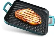 Enameled Cast Iron Rectangular Skinny Griddle, Nonstick Grill Pan, 13" x 10.2",Blue