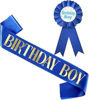 Birthday Boy Sash Ribbon Blue Satin Fabric Birthday Pins Button Tinplate Birthday Badge Pin Birthday Party Decoration for Boys Kids Birthday Party Dress Up