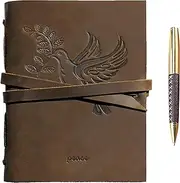 Leather Journal Dove Notebook Embossed Handmade Travel Diary | A5 Vintage Writing Bound Journal for Men for Women 6"x8" | Dove of Peace Genuine Leather with Plain Paper for Notes Sketchbook + Pen