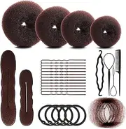 Hair Bun Maker Set, Includes 20 Invisible Hair Nets, 4 Dark Brown Hair Donut Bun Making Kit, 5 Hair Elastics, 20 Hair Clips, 4 Ponytail Hair Tools and 2 Foam Sponge Buns