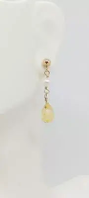 CITRINE and Pearl 14k Yellow Gold 28x6mm long Earrings. Drop Yellow Citrine Pear