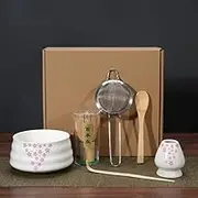 Matcha Whisk Set, Elegant Household Matcha Tea - Making Tools with Ceramic Whisk Holder, Bowl and Tea Scoop 7 - Piece.
