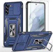 [Asuwish] Phone Case for Samsung Galaxy S21 FE 5G with Tempered Glass Screen Protector and Slide Camera Cover Magnetic Ring Holder Kickstand S 21 EF S21FE5G UW S21FE 21S G5 6.4 inch Women Men Navy Blue