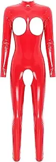 [Vxuxlje] Women's Sexy Patent Leather Cut Out Bodysuit Mock Neck Long Sleeve Open Crotch Catsuit