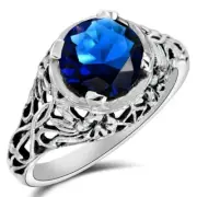 3CT Treated Blue Sapphire 925 Sterling Silver Art Nouveau Ring Sz 7