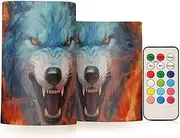 XYMZR Fire Blue Wolf Black Flameless Candles with Remote Set of 2 - No Batteries Included, 3” Diameter Battery Candles Flickering with Timer, LED Pillar Votive Candles for Outdoor Indoor