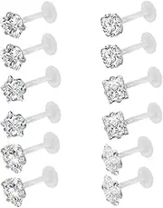 [ZS] 12Pcs 16G Clear Bioflex CZ Stone Labret Monroe Lip Ring Helix Tragus Cartilage Earrings Stud Piercing