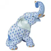 HEREND ELEPHANT TRUNK UP 24K GOLD TUSKS BLUE FISHNET #VHB-15266 BRAND NIB F/SH