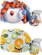 [YTYVAGT] 2-Pc,Nurse Scrub Caps,Scrub Hats with Buttons and Cotton Sweatband,a Pair of Snowmen Pattern
