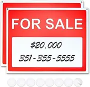 for Sale Sign - 14.25" X 11.25" - Ideal Signs for Garage, Yard, Home or Business or for use in Cars, Trucks or Other Vehicles - Includes 8 Double Sided Adhesives - Red and White in Color - 2 Pack