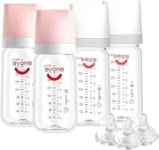 Evorie Tritan Baby Feeding Bottle & Teat for Milk Formula - Crystal-Clear, Wide Neck & Anti-Colic - 240ml (Pink White, Pack of 4+3)