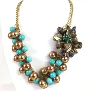 Magnesite Turquoise,Glass Pearl & Shell Flower Necklace w/Gold Tone Clasp 20-23"