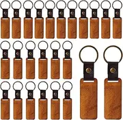 25pcs Leather Wood Keychain Blank, Wooden Keychain Blanks with Leather Strip Engraving Blanks Wood Blanks Unfinished Wooden Key Ring Key Tag Crafts Supplies