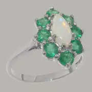 Solid 18k White Gold Natural Opal & Emerald Womens Cluster Ring - Sizes 4 to 12