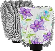 Wash Mitt for Car Washing Microfiber Chenille Absorbent Watercolor Clematis Purple White Sponge Car Cleaning Kit Mitts Soft Scratch Free, Medium x 2 Pack