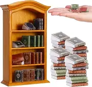 36 Pcs 1:12 Scale Miniatures Dollhouse Books and 1 Wooden Bookcase,4 Floors Furniture Display Bookshelf Cabinet Mini Assorted Books,Dollhouse Decoration Accessories for Home Bedroom(Yellow)