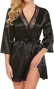 Embhlitfe Kimono Damen Sexy Bademantel mit Gürtel – V-Ausschnitt Morgenmantel aus Spitze für Braut & Nachthemd, Leichter Satin Kimono