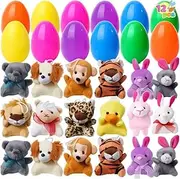 Filled Easter Eggs - Easter Eggs with Plush Animals | 12X Stuffer Stuffed Plushies Holiday Doll Pre Filled, Easter Basket Stuffers For Kids Easter Eggs with Animal Toys for Classroom Prize Hunt Filler