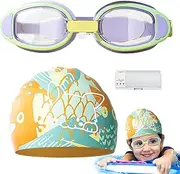 Swim Caps Kids - Silicone Swimming Caps Goggles Set,Adjustable Large Frame Bathing Accessories for Summer Water Play Activity