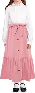 [Nutyomi] Girls Maxi Skirts A-Line Casual Ruffles Skirt with Pockets Button Front High Elastic Waisted Long Skirt 5-14 Years