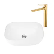ACA 46x32CM Bathroom Ceramic Basin With Gold Tap Counter Top White Sink Hand Wash Bowl Set