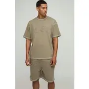 Mens Khaki Oversized Peached Embossed Contrast Stitch T-Shirt & Dropped Crotch Shorts Set