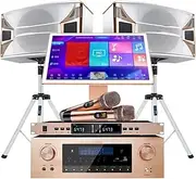Tool Karaoke Machine 19-inch Capacitive Touch Screen 500G Hard Disk Memory/550W Amplifier with 2 Reverb Wireless Microphone 2 Speakers AI Intelligent Voice Song Request&27 Languages for Home Party