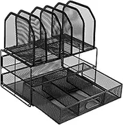 Amazon Basics Mesh Desk Organizer with Sliding Drawer, Double Tray and 5 Upright Sections, Black
