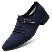 Men's Formal Dress Shoes with Metal Buckle - Elegant Slip-On Loafers in Navy Blue for Weddings Business Attire
