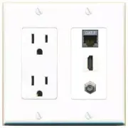 3 Port Power Outlet Cover Plug Jack UL 2 Gang CAT7 COAX HD Wall Plate