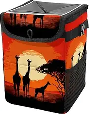 Car Trash Can with Lid and Storage Pockets Leak-Proof Organizer,Multipurpose Trash Bin for Car,African Sunset Family Giraffe