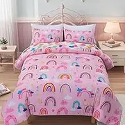 Holawakaka Boho Rainbow Queen Comforter Set with Sheets, 5-Piece Bohemian Love Heart Bedding Set for Girls & Women - Super Soft Microfiber Kids Teen-Girls Pink Reversible Bed-in-a-Bag
