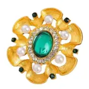 Brooch Old Fashioned Gold Tone Ribbon Green Cabochon Imitation Pearls & Crystals