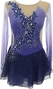 [Zagitova] Figure Skating Dress for Girls, Long Sleeves Ice Performance Costume Team Uniform with Shiny Rhinestones