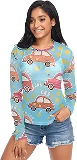 [RPLIFE] Whimsical Cartoon Cars Blue Long Sleeve Mesh Tops for Women, Transparent Tops for Women Sexy S-XXL