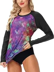 [Deerose] Women Sparkle Rash Guard Shiny Sun Protection Swim Shirts Metallic Glitter Swimsuit Top
