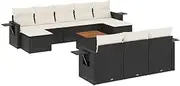 vidaXL 11-Piece Modular Garden Sofa Set, Black Poly Rattan & Cream Cushions, Flexible Outdoor Lounge Furniture with Acacia Table, PE Wicker Couch for Patio, Balcony, Deck