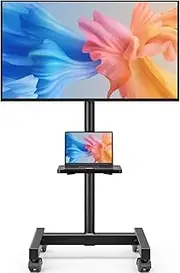 Mobile TV Floor Stand for 13-50 inch LCD LED Flat/Curved Panel Screen TVs up to 77 lbs, Height Adjustable TV Stand Mount with Tilt VESA 200x200, Portable TV Stand with Shelf AX2007TBM