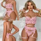 Floral Lace Push Up Bra Cutout Back G-string Sexy Garter Lingerie Set for Women