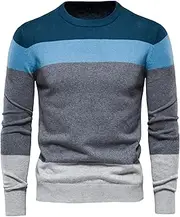 [Gsywaipei] Men's Stripe Slim Knitted Pullover Casual Basic Long Sleeve Male Knit Sweater Winter Color Block Knits Sweaters, Blue, XL
