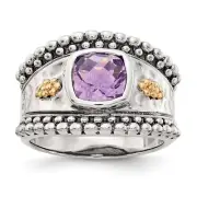Sterling Silver 14K Accent Antiqued Checkerboard-cut Cushion Amethyst Ring Sz 7