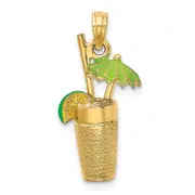 14k Yellow Gold 3-D Cocktail Drink w/Green Enamel Umbrella and Lime Charm
