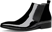 [Generic] Patent Leather Chelsea Boot for Men Ankle BootGenuine Leather Pull On Waterproof Easy Care Pointed Toe Block Heel Men's Leather Shoes