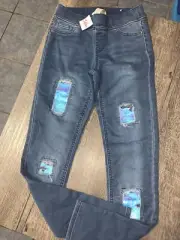 Justice sz 14 Slim Distressed￼ Sequin pull on jean denim jeggings nwt