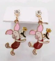 Betsey Johnson Dangling PIGLET on Crystal Stud Earrings Rhinestone & Enamel