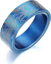 [Adreamz] 8mm Black/Silver/Blue Computer Circuit Board Pattern Ring - Spinner Fidget Ring for Men, Anxiety Relieving Fidget Black Stainless Steel Ring For Men Programmer Wedding Ring