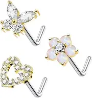 [FLOGWE] 20G 3PCS Nose Ring Studs 316L Heart Nose Rings Nose Studs Butterfly and Flower Nose Stud Surgical Steel CZ L-Shaped Piercing Jewelry