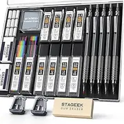 STAGEEK 21PCS Metal Mechanical Pencil Set, Art Lead Pencil 0.3, 0.5, 0.7, 0.9, 2mm Holder(HB 2H 2B 4B Color) with 10 Tubes Graphite Lead Refills Eraser with Case for Drafting Drawing Sketching