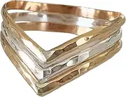 [TOE RINGS & THINGS] Triple Chevron Gold and Sterling Ring | Three Bonded Bands in Textured Mixed Metal | Unisex Sizes 5 - 12 | Thumb, Index, or Middle Finger Ring | Made in the USA