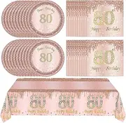 41Pcs 80th Birthday Decorations, Rose Gold Birthday Party Supplies Include 20Pcs Plates 20Pcs Napkins and 1Piece Tablecloth, Sweet Eighty Year Old Birthday Party Tableware for Girl Ladies Women
